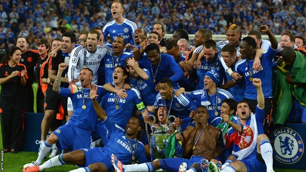 Chelsea celebrating their UEFA Champions League win