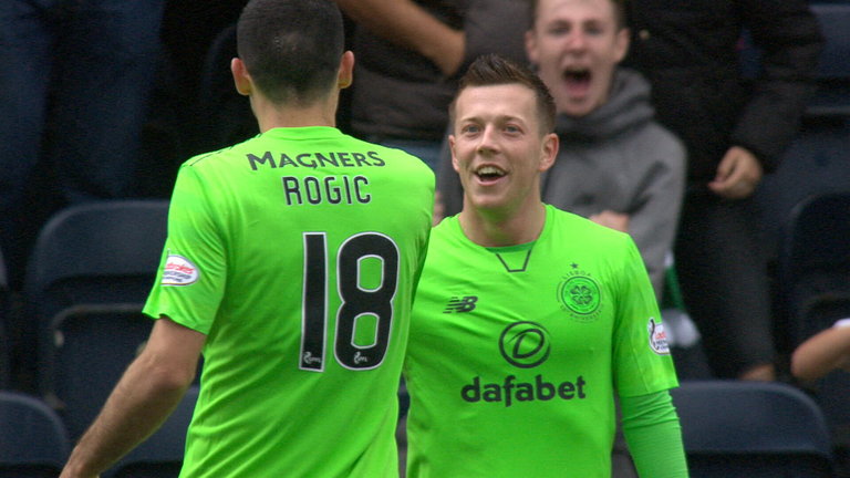 Celtic's Callum McGregor celebrates a goal with Tom Rogic. (Getty Images)