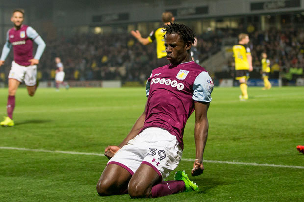 Aston Villa striker Keinan Davis celebrates after scoring. (Getty Images)