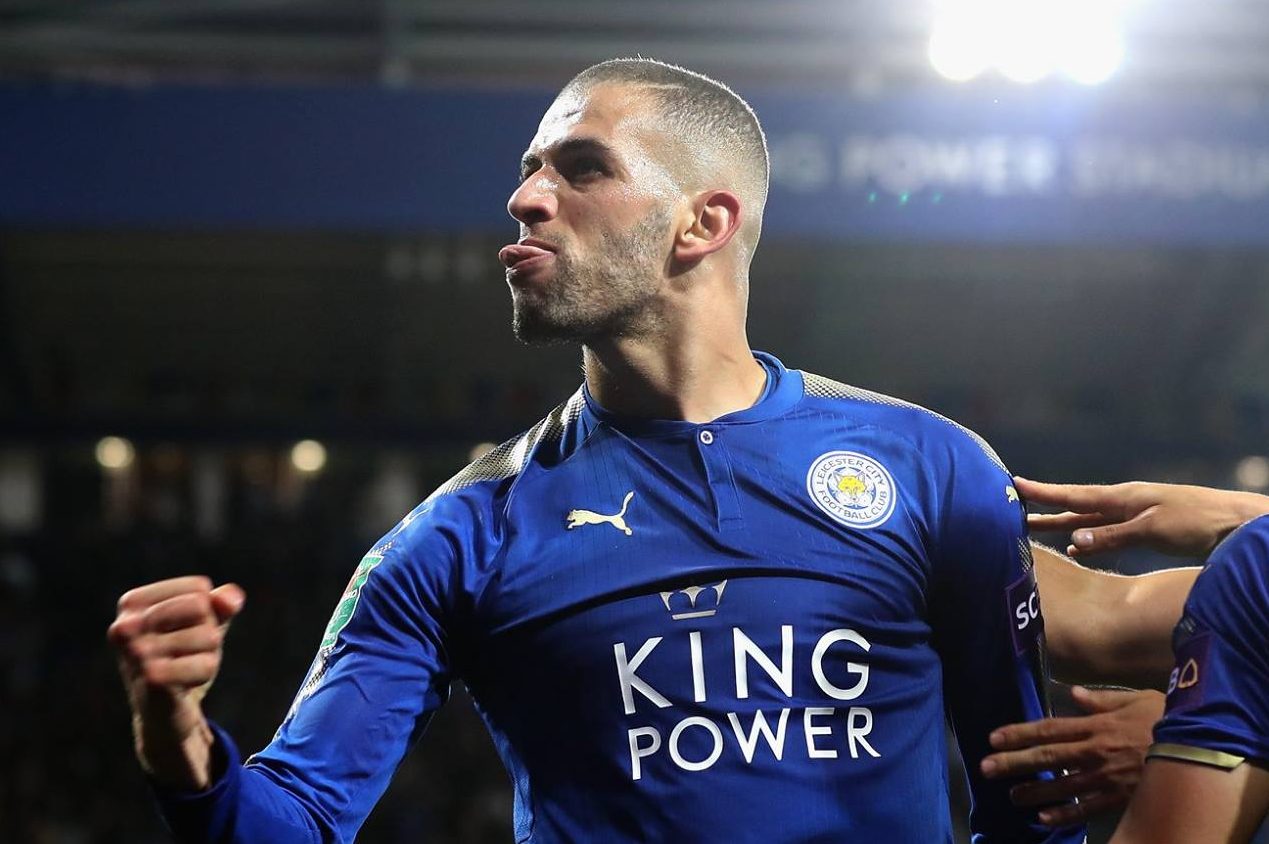 Islam Slimani celebrates after scoring for Leicester City. (Getty Images)