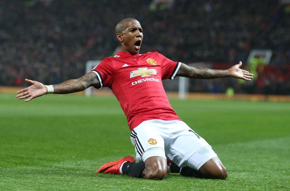 Ashley Young celebrates after scoring against Watford. (Getty Images)