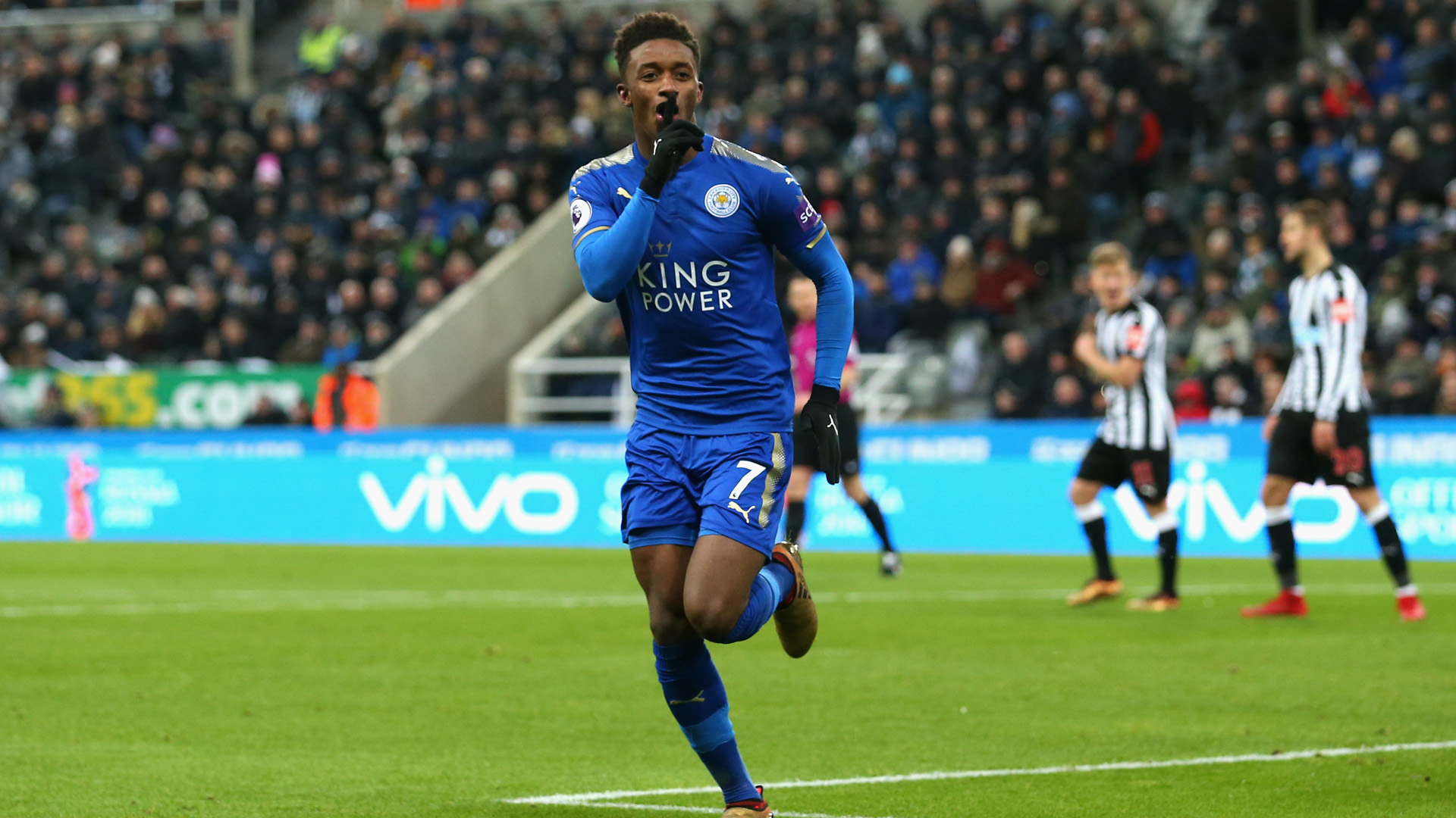 Leicester City winger Demarai Gray silences the crowd after scoring. (Getty Images)