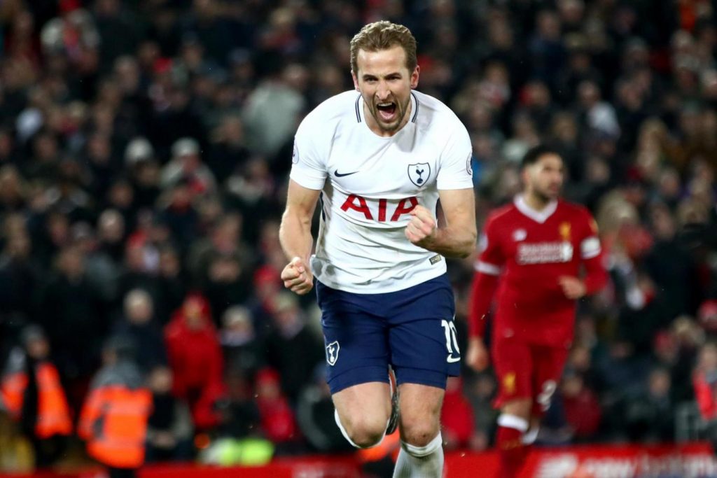 Tottenham striker Harry Kane celebrates after scoring against Liverpool at Anfield. (Getty Images)