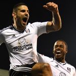Fulham striker Aleksandr Mitrovic celebrates with Ryan Sessegnon after scoring against Sheffield United. (Getty Images)