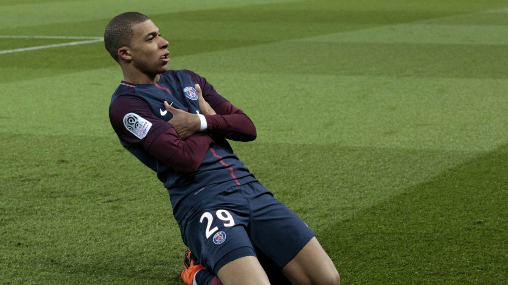 Young French football star Kylian Mbappe celebrates after scoring a goal. (Getty Images)