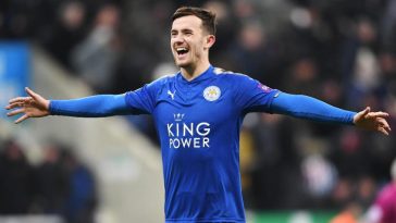 Leicester City left-back Ben Chilwell celebrates after scoring. (Getty Images)