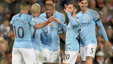 Manchester City players celebrate after scoring. (Getty Images)