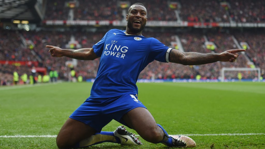 Leicester defender Wes Morgan celebrates after scoring. (Getty Images)