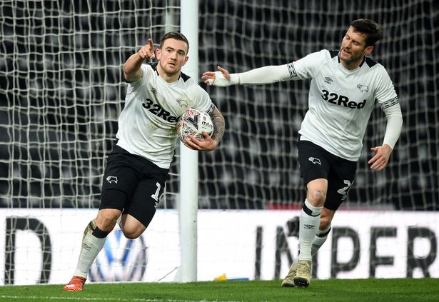 Derby County striker Jack Marriott celebrates a goal with teammate Tom Huddlestone. (Getty Images)
