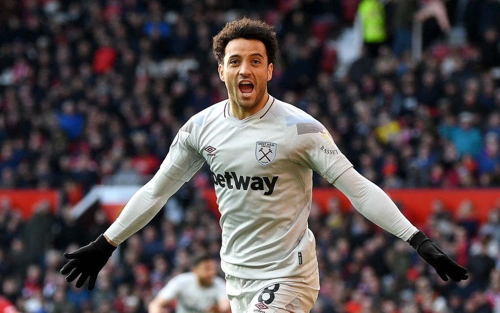 West Ham's Felipe Anderson celebrates after scoring against Manchester United at Old Trafford. (Getty Images)