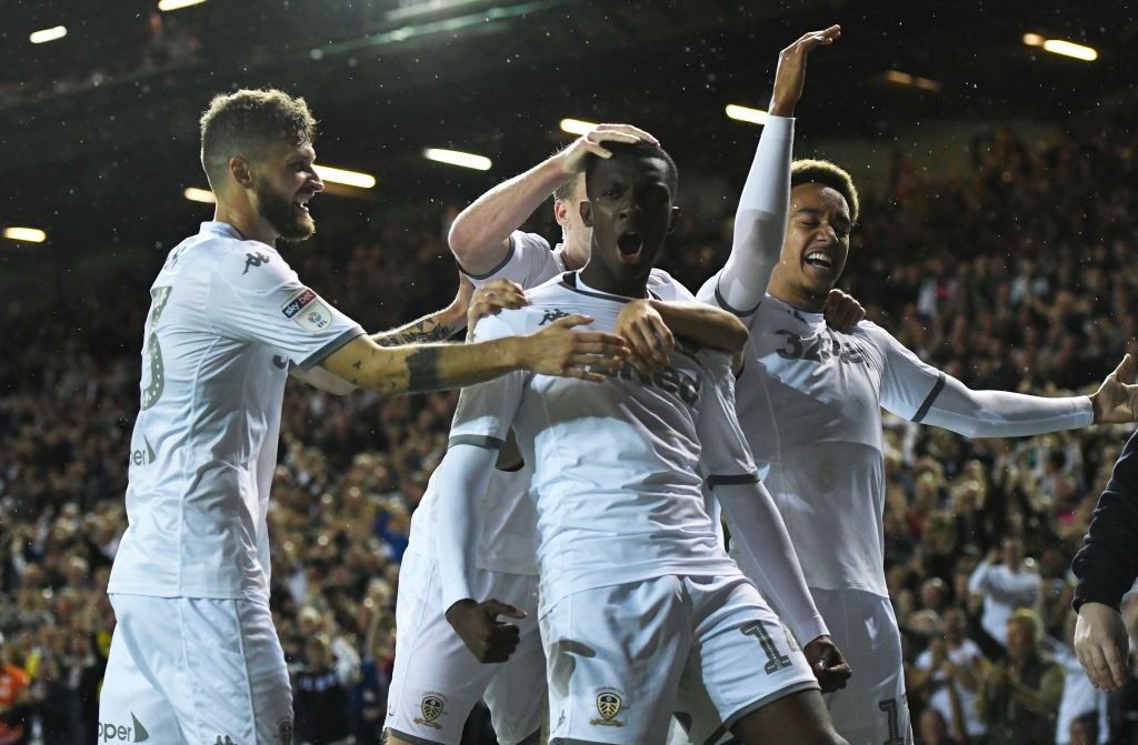 Leeds United players celebrate after scoring. (Getty Images)