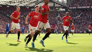 Manchester United players celebrate a goal against Leicester City at Old Trafford. (Getty Images)