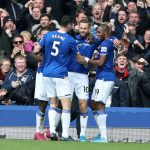 Everton players celebrate after scoring a goal against West Ham. (Getty Images)