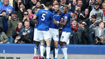 Everton players celebrate after scoring a goal against West Ham. (Getty Images)