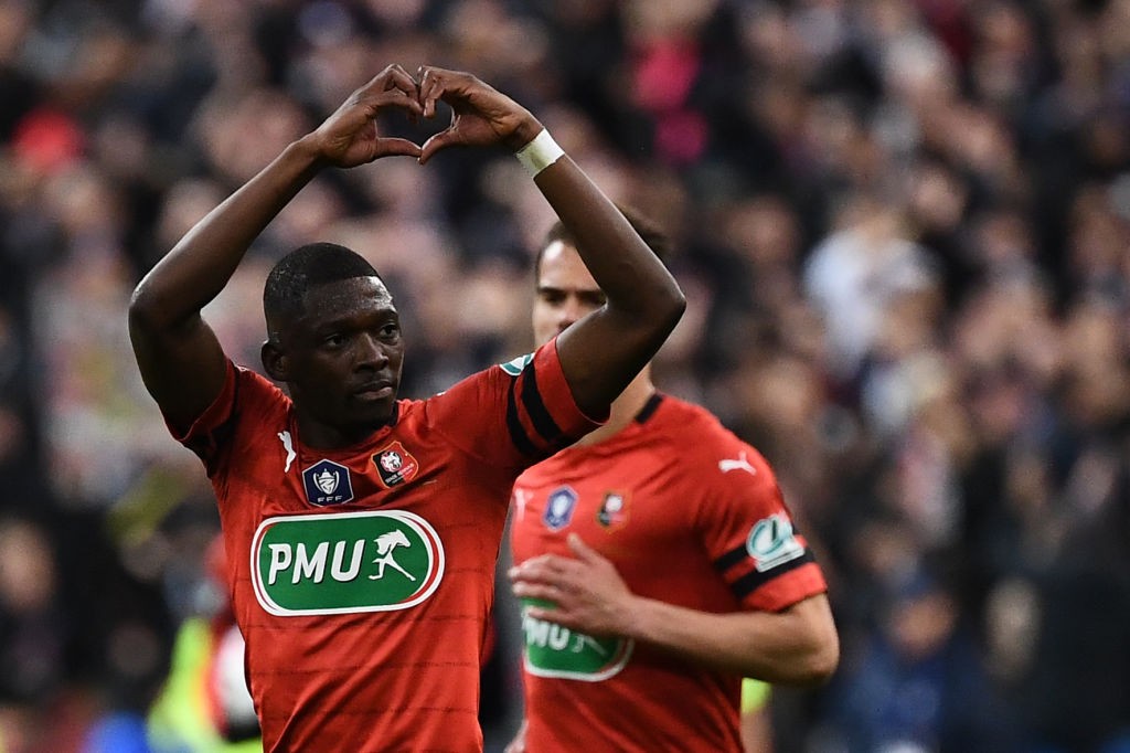Rennes right-back Hamari Traore celebrates after scoring. (Getty Images)
