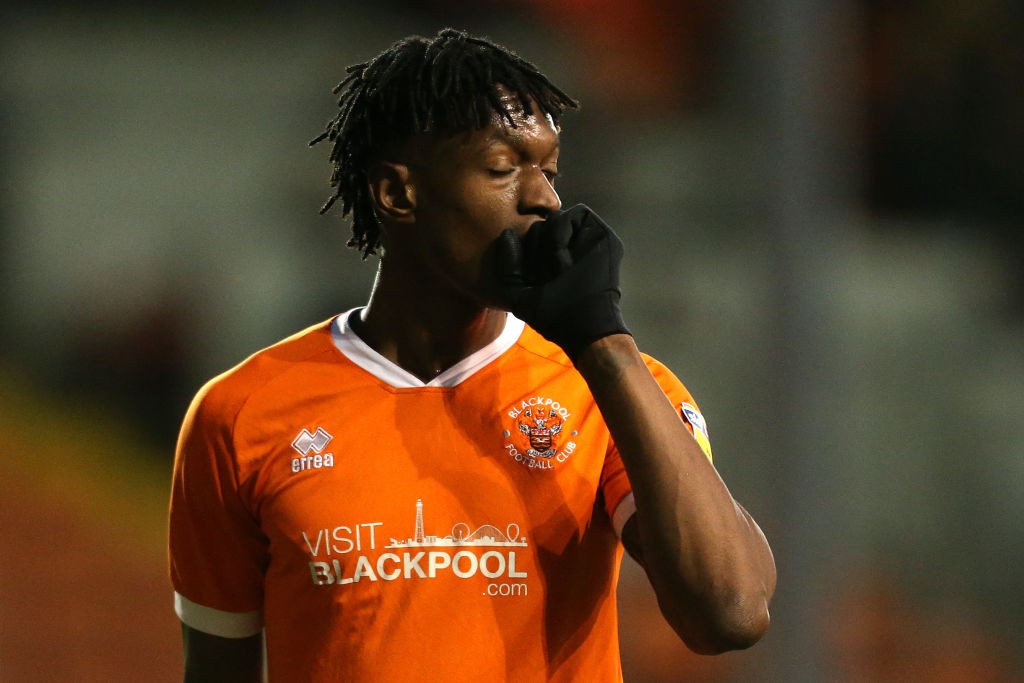 Armand Gnanduillet of Blackpool reacts after missing a shot during the Sky Bet League One match between Blackpool and AFC Wimbledon at Bloomfield Road. (Getty Images)