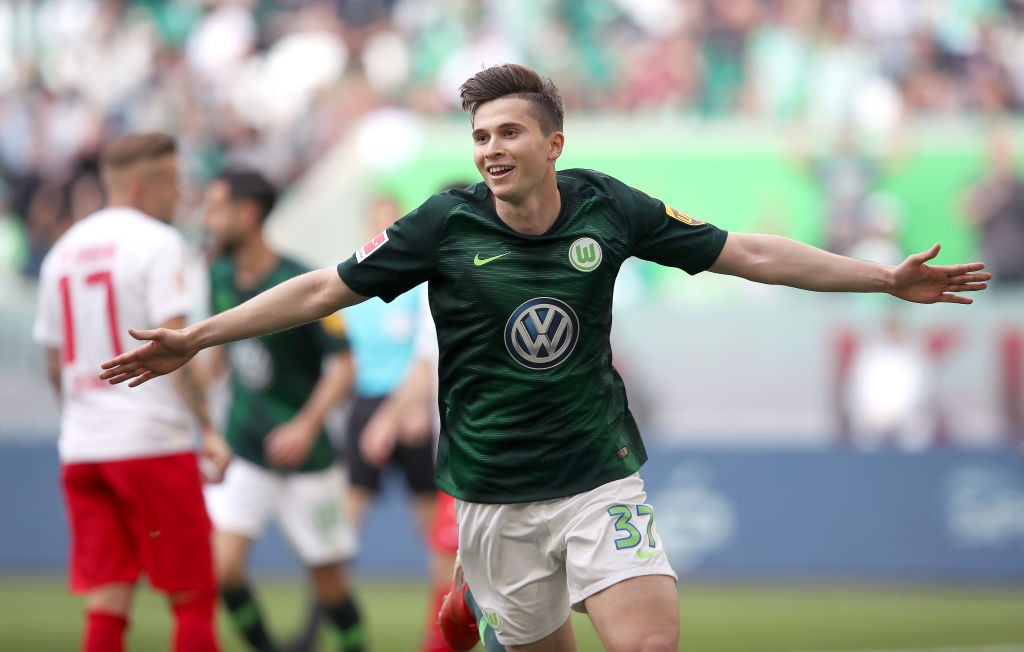 Elvis Rexhbecaj of Wolfsburg celebrates after scoring the 6-0 lead during the Bundesliga match between VfL Wolfsburg and FC Augsburg at Volkswagen Arena. (Getty Images)