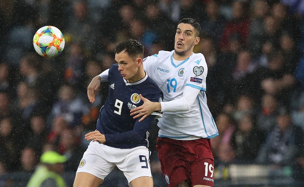 Lawrence Shankland of Scotland vies with Luca Cenoni of San Marino during the UEFA Euro 2020 qualifier between Scotland and San Marino at Hampden Park. (Getty Images)
