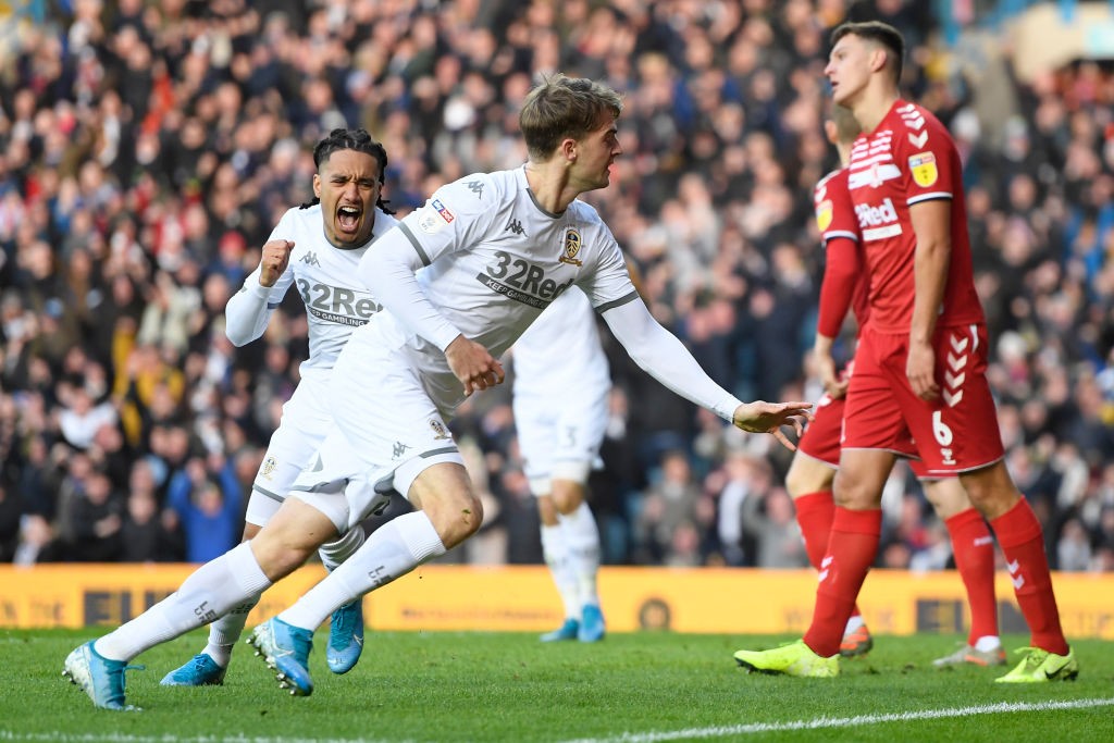 Patrick Bamford of Leeds United celebrates after scoring his sides first goal during the Sky Bet Championship match between Leeds United and Middlesbrough at Elland Road. (Getty Images)