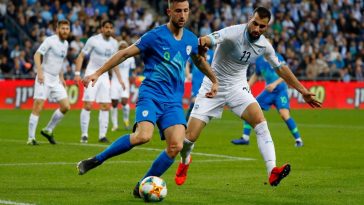 Slovenia's forward Andraz Sporar is marked by Israel's defender Loai Taha (R) during the Euro 2020 Group G football qualification match between Israel and Slovenia in at the Sammy Ofer Stadium in Haifa on March 21, 2019. (Getty Images)