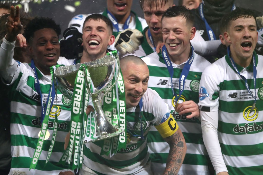 Scott Brown of Celtic lifts the Betfred Cup following victory in the Betfred Cup Final between Rangers FC and Celtic FC at Hampden Park on December 08, 2019 in Glasgow, Scotland. (Getty Images)