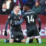 Kelechi Iheanacho of Leicester City celebrates with teammate James Maddison after scoring his team's second goal during the Premier League match between Aston Villa and Leicester City at Villa Park. (Getty Images)
