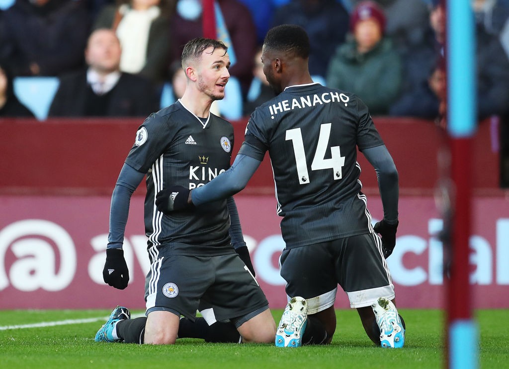 Kelechi Iheanacho of Leicester City celebrates with teammate James Maddison after scoring his team's second goal during the Premier League match between Aston Villa and Leicester City at Villa Park. (Getty Images)