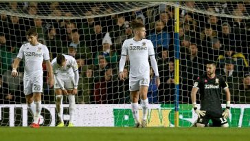 Players of Leeds United react after Cardiff City's second goal during the Sky Bet Championship match between Leeds United and Cardiff City at Elland Road. (Getty Images)