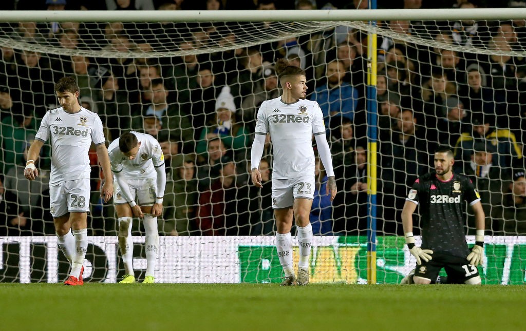 Players of Leeds United react after Cardiff City's second goal during the Sky Bet Championship match between Leeds United and Cardiff City at Elland Road. (Getty Images)