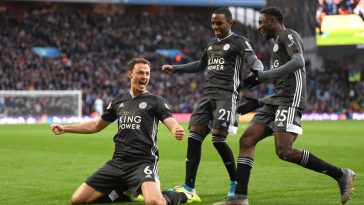 Jonny Evans of Leicester City celebrates after scoring his team's third goal during the Premier League match between Aston Villa and Leicester City at Villa Park. (Getty Images)