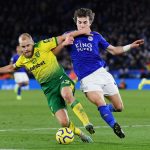 Teemu Pukki of Norwich City battles for possession with Caglar Soyuncu of Leicester City during the Premier League match between Leicester City and Norwich City at The King Power Stadium on December 14, 2019 in Leicester. (Getty Images)