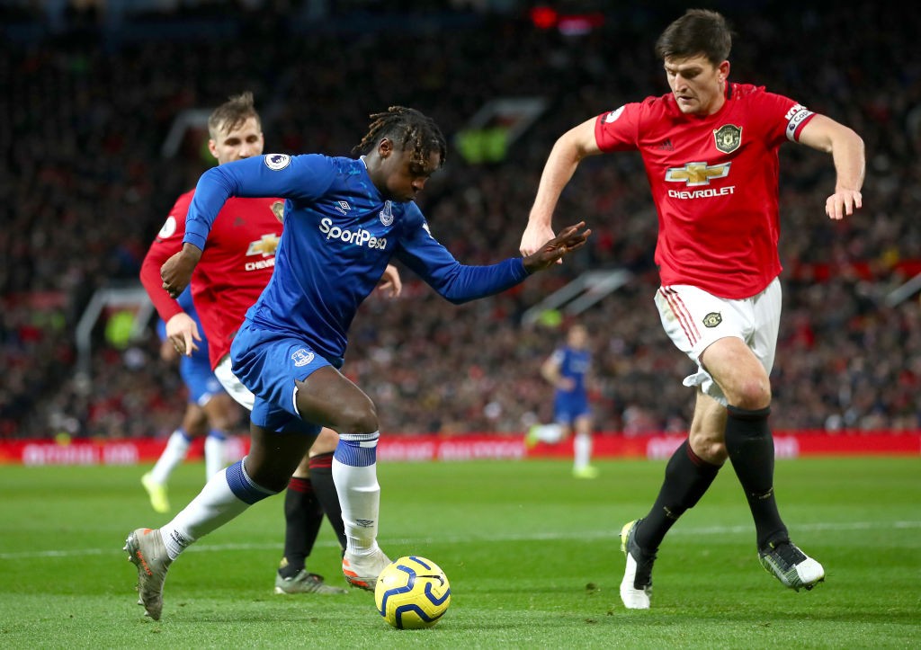Moise Kean of Everton is put under pressure by Harry Maguire of Manchester United during the Premier League match between Manchester United and Everton FC at Old Trafford on December 15, 2019 in Manchester, United Kingdom. (Getty Images)