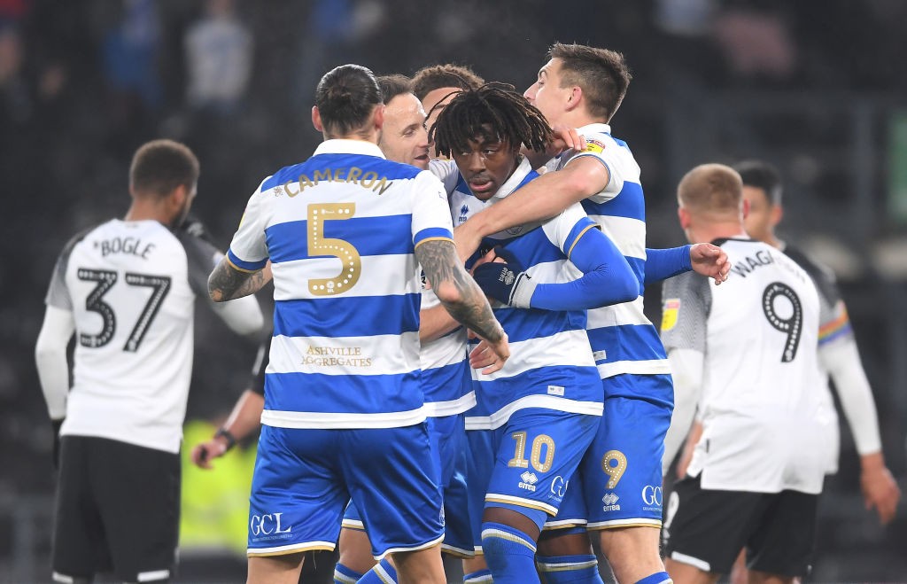 Eberechi Eze of Queens Park Rangers is congratulated after scoring from the penalty spot during the Sky Bet Championship match between Derby County and Queens Park Rangers at Pride Park Stadium on November 30, 2019 in Derby, England. (Getty Images)