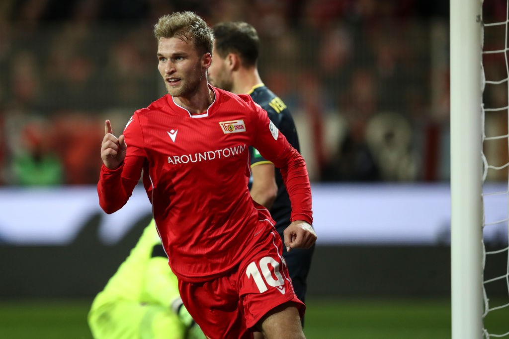 Sebastian Andersson of 1.FC Union Berlin celebrates with teammates after scoring his team's first goal during the Bundesliga match between 1. FC Union Berlin and 1. FC Koeln at Stadion An der Alten Foersterei on December 08, 2019 in Berlin, Germany. (Getty Images)