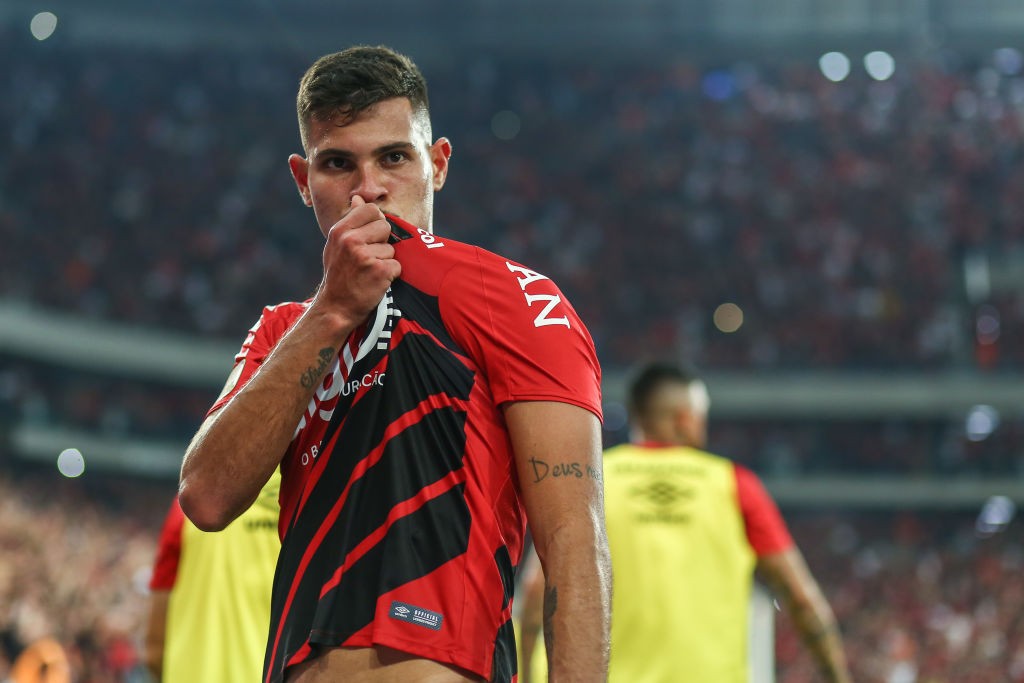 Bruno Guimarães of Athletico PR celebrates after scoring the first goal of his team during the match Athletico PR v Internacional as part of Copa do Brasil Final, at Arena da Baixada Stadium on September 11, 2019 in Curitiba, Brazil. (Getty Images)