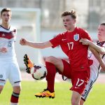 George Tanner of England challenges Jan-Niklas Beste of Germany during the UEFA Under17 match between U17 England v U17 Germany on February 7, 2016 in Lagos, Portugal. (Getty Images)