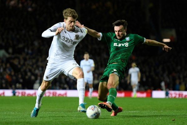 Patrick Bamford of Leeds United battles for possession with Morgan Fox of Sheffield Wednesday during the Sky Bet Championship match between Leeds United and Sheffield Wednesday at Elland Road on January 11, 2020 in Leeds, England. (Getty Images)