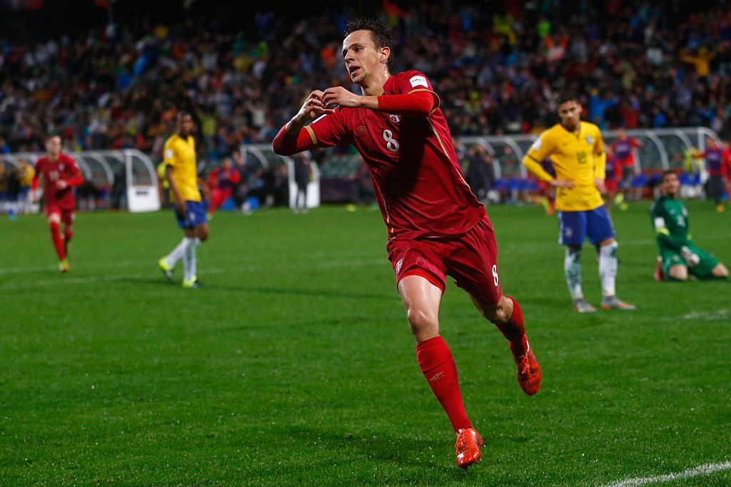 Nemanja Maksimovic of Serbia celebrates scoreing the match winning goal during the FIFA U-20 World Cup Final match between Brazil and Serbia at North Harbour Stadium on June 20, 2015 in Auckland, New Zealand. (Getty Images)