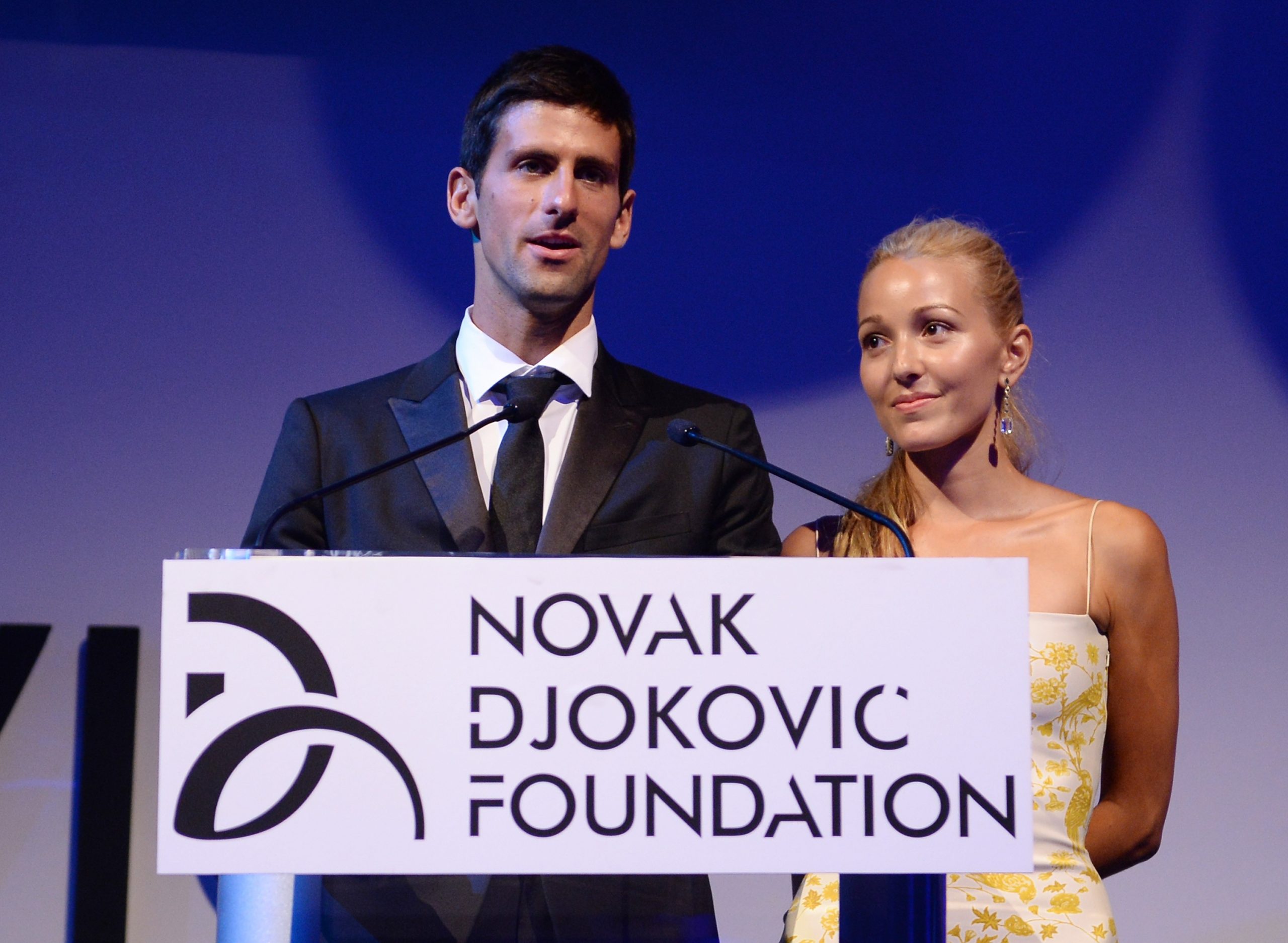 Novak Djokovic and wife Jelena address a gathering during an event organised by the Novak Djokovic Foundation.