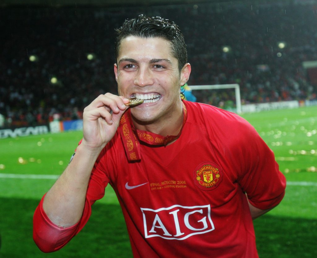 Cristiano Ronaldo celebrates winning a Champions League