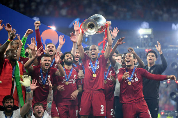 Fabinho of Liverpool lifts the Champions League Trophy after winning the UEFA Champions League Final against Tottenham Hotspur on June 01, 2019. (Photo by Michael Regan/Getty Images)