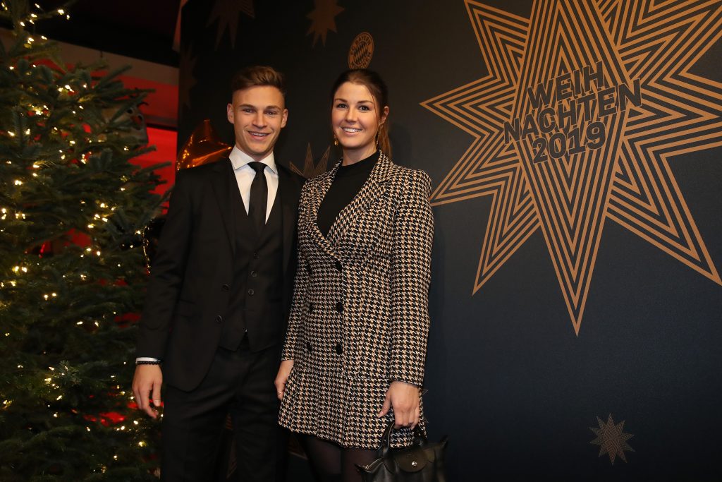 Joshua Kimmich of FC Bayern Muenchen attends with wife Lina Meyer the clubs Christmas party at Allianz Arena. (Photo by Alexander Hassenstein/Getty Images)