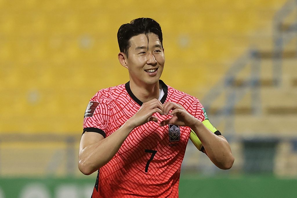 South Korea's forward Son Heung-min celebrates after scoring in the 2022 Qatar World Cup Asian Qualifiers. (Photo by KARIM JAAFAR / AFP) (Photo by KARIM JAAFAR/AFP via Getty Images)