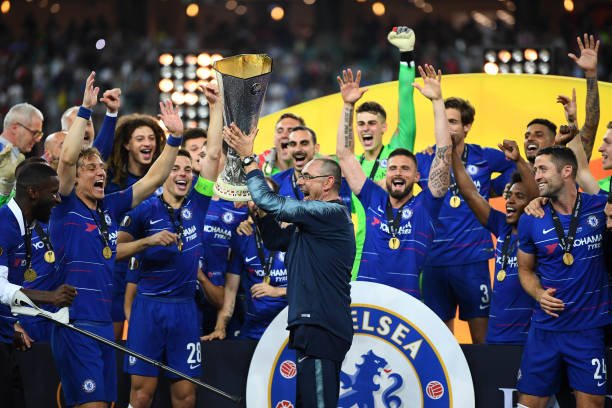   Maurizio Sarri, Manager of Chelsea celebrates with the Europa League Trophy following his team's victory in the UEFA Europa League Final between Chelsea and Arsenal