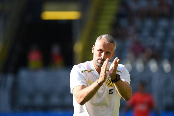 Dortmund's German head coach Marco Rose acknowledges the fans prior to the German first division Bundesliga football match between Borussia Dortmund and Eintracht Frankfurt 