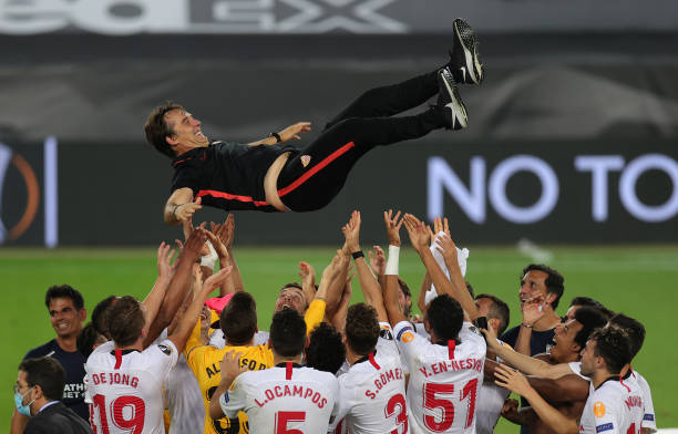  Julen Lopetegui, Head Coach of Sevilla is thrown into the air in celebration by his players following their team's victory in the UEFA Europa League Final between Seville 