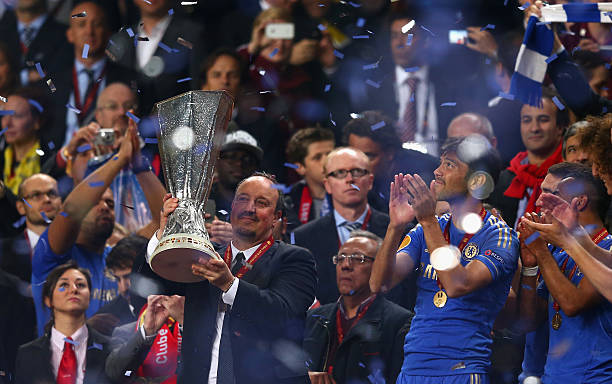 Chelsea Interim Manager Rafael Benitez poses with the trophy during the UEFA Europa League Final between SL Benfica and Chelsea FC at Amsterdam Arena.