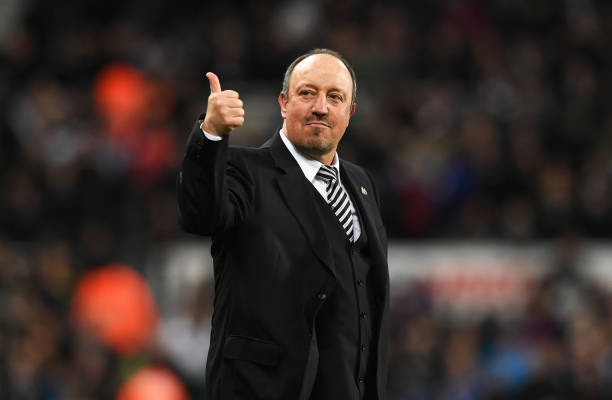  Rafa Benitez manager of Newcastle United gives a thumbs up as he celebrates victory and promotion after the Sky Bet Championship match between Newcastle United 