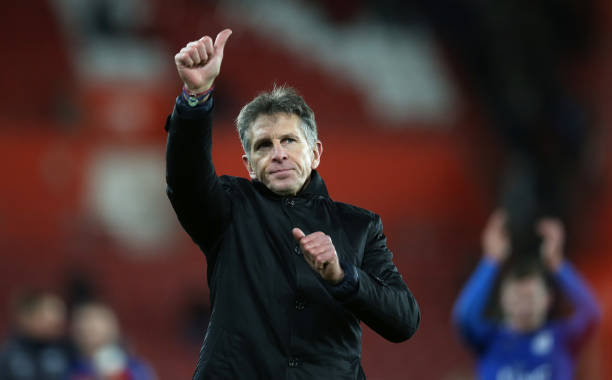 Claude Puel, Manager of Leicester City shows appreciation to the fans after the Premier League match between Southampton and Leicester City at St Mary's Stadium