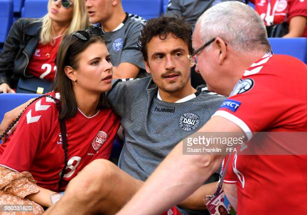 Thomas Delaney of Denmark is seen with his partner Michelle Lindeman Jensen at the 2018 FIFA World Cup Russia. (Photo by Stuart Franklin - FIFA/FIFA via Getty Images)
